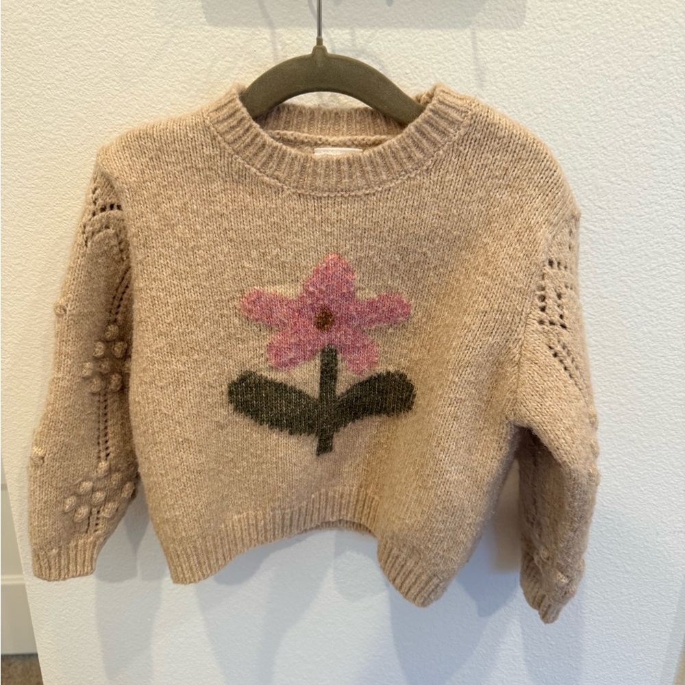 Beige Crewneck Sweater with Pink Floral Motif